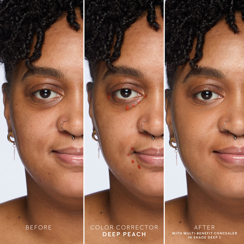 Model with a deep skin tone is seen in a before and after photo sequence showing the application of Mary Kay&reg; Undereye Corrector in deep peach.