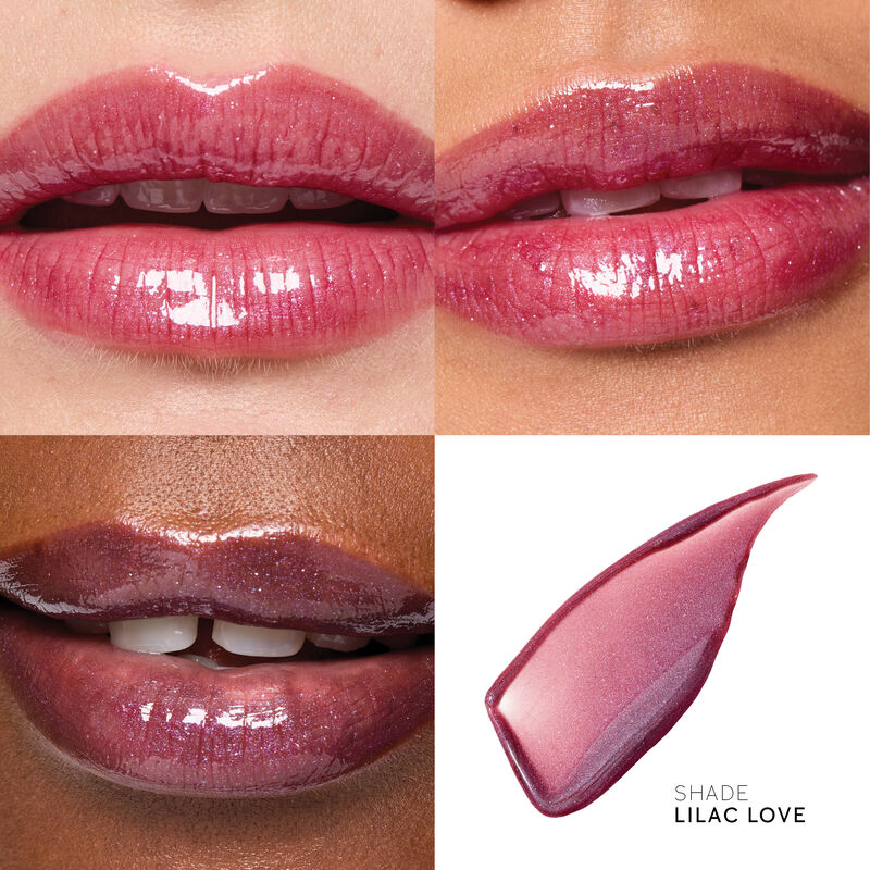 Lilac Love lip gloss on lips of light, medium and deep skin tones with product swipe.&nbsp;