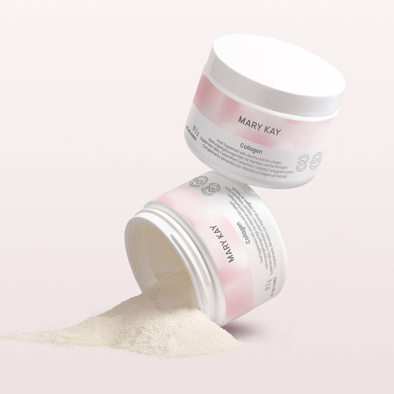 2 fallende Dosen Collagen, eine mit ge&ouml;ffnetem Deckel, Pulver f&auml;llt heraus.