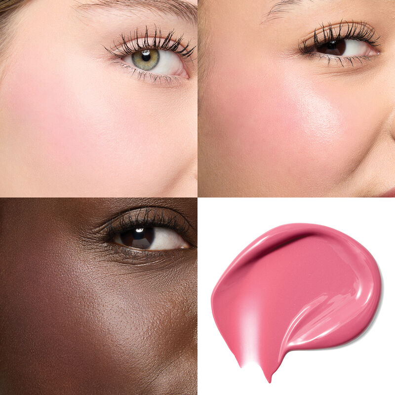 Collage von Wangen mit hellem, mittlerem & dunklem Hautton tragen den limitierten Gel Cream Blush und  Produktprobe auf wei&szlig;em Hintergrund.