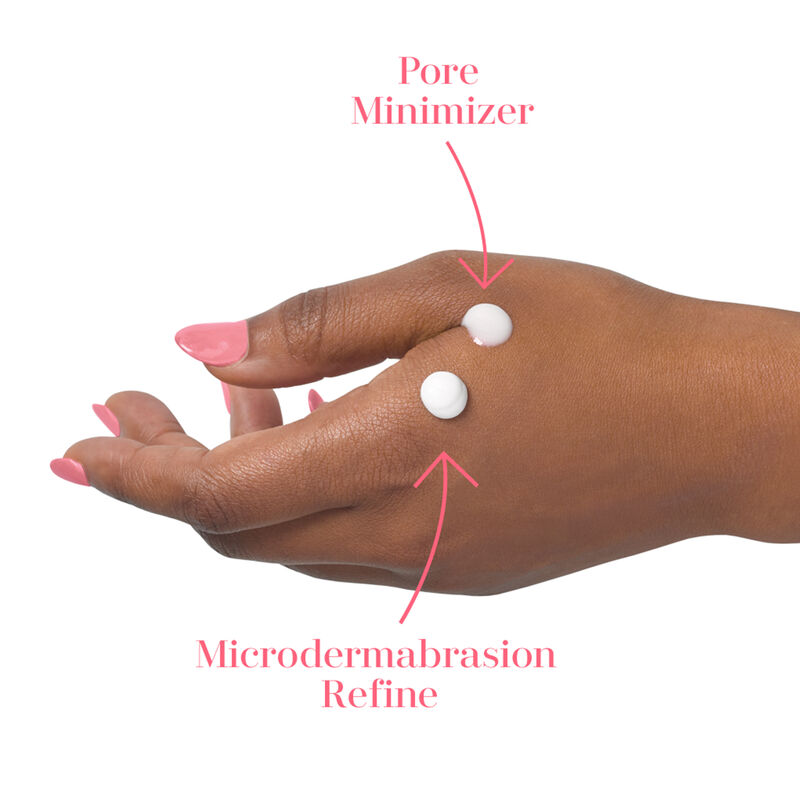 Drop of Mary Kay Microdermabrasion Refine and Mary Kay Pore Minimizer on a model&rsquo;s hand, labeled to show the difference in color and texture.