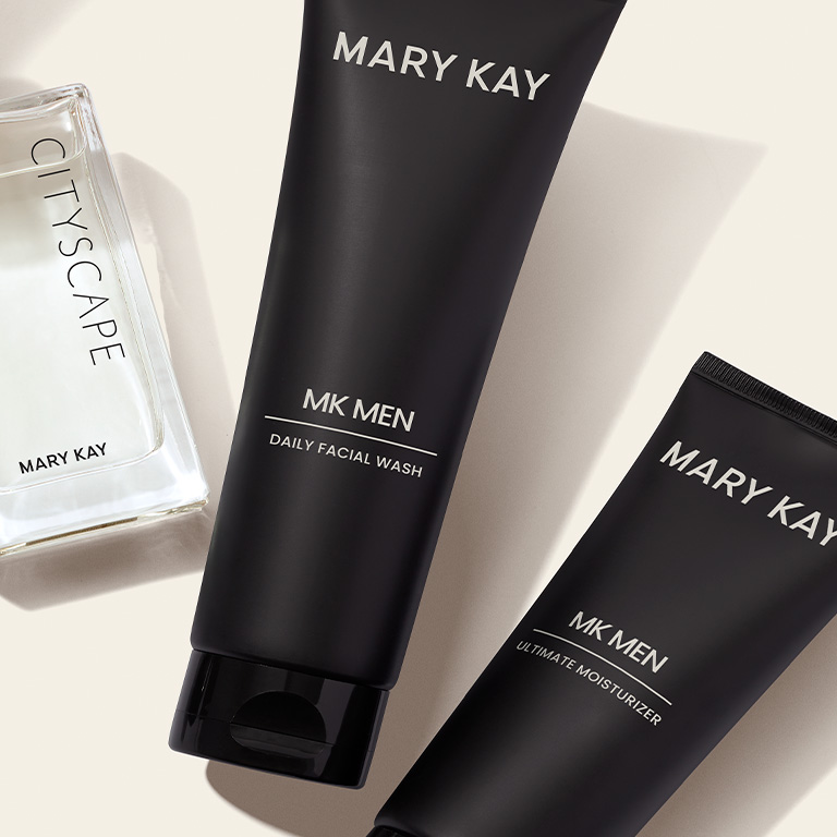 Produktgruppe aus MK Men Daily Facial Wash, MK Men Moisturizer und Cityscape Parfum