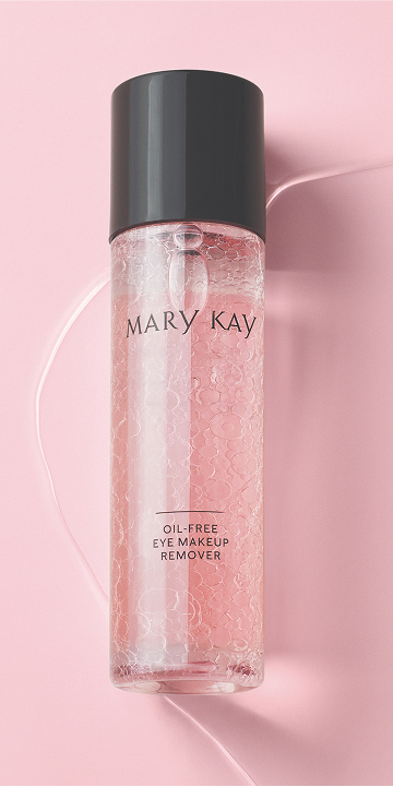 Der &ouml;lfreie Augen-Make-up-Entferner von Mary Kay: Oil-Free Eye Makeup Remover vor einem rosa Hintergrund
