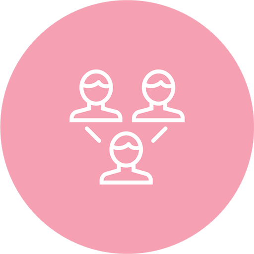 Ein Icon mit drei Personen, die verbunden sind, auf einem rosa Hintergrund