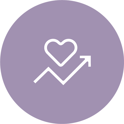 Ein Icon mit einem Herz und einem Pfeil, der nach rechts oben zeigt, auf einem violetten Hintergrund