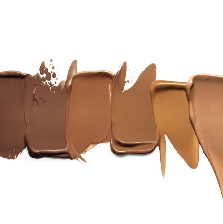 Sechs Kleckse der Mary Kay TimeWise 3D Foundation in unterschiedlichen dunklen Nuancen